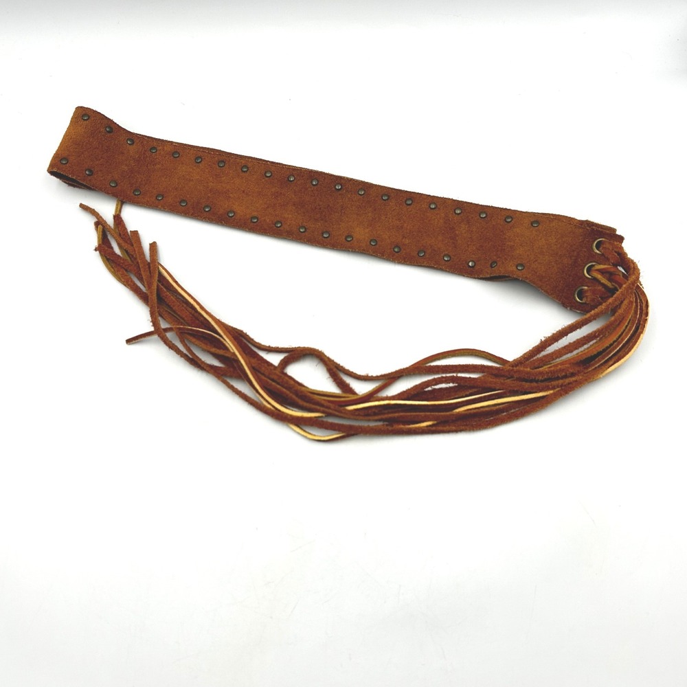 Suede Fringe Belt Brown Womens M/L Studded Boho Waist Tie EUC One Size Fits Most